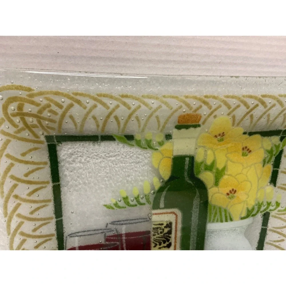Glass‎ Platter Wine Cheese Grapes Still Life 11.5in Square Kitchen Decor